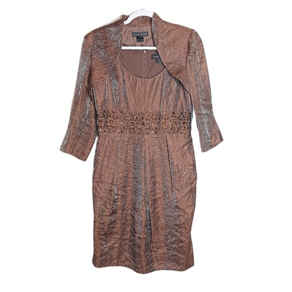 Jessica Howard 2-Piece Set Beaded Midi Cocktail Dress Metallic Bronze Size 6 - Picture 1 of 5